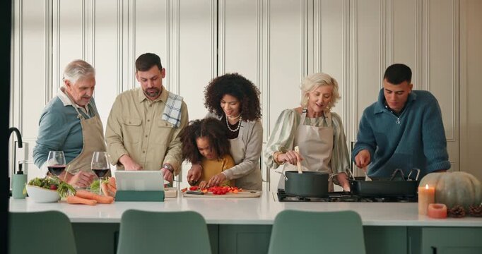 Big family, cooking and vegetables in kitchen at house with meal prep, stirring food and thanksgiving. People, child and online recipe of gathering, culinary skills and organic ingredients of holiday
