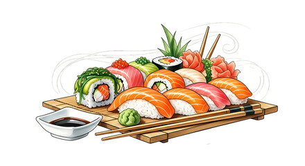 Sushi platter isolated on transparent background with soy sauce and chopsticks