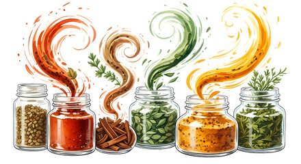 Aromatic spices in glass jars isolated on transparent background creating colorful smoke
