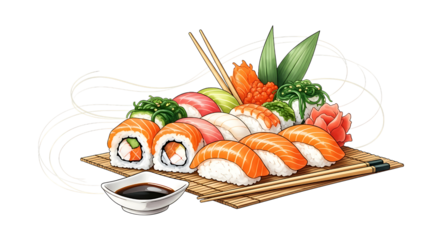 Delicious sushi platter isolated on transparent background, served with soy sauce