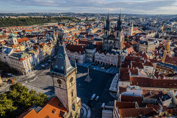 Beautiful Aerial view of Old town Square, the Astronomical Clock, St. Nicholas Church and the Church of Our Lady before Týn in Prague