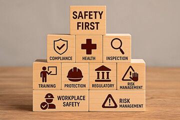 Wood blocks with the phrase Safety First and related concepts.
