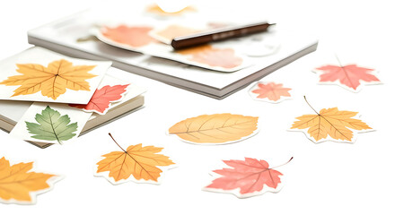 Autumn leaves and stationery isolated on transparent background, a cozy arrangement