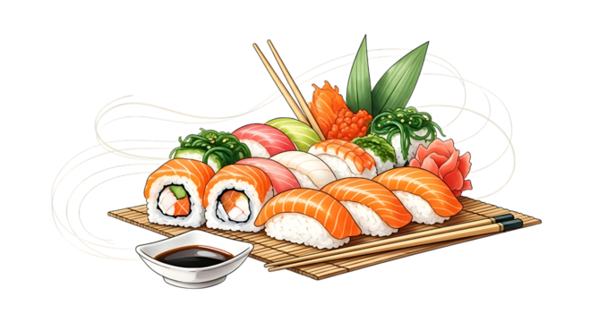 Delicious sushi platter isolated on transparent background, served with soy sauce