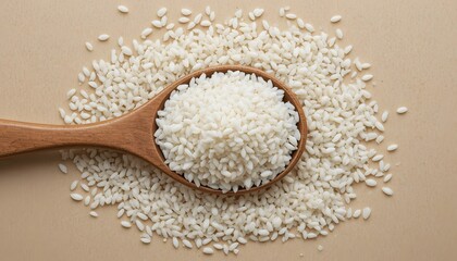  Wooden spoon filled with jasmine rice.