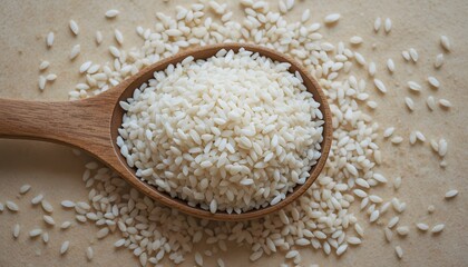  Wooden spoon filled with jasmine rice.