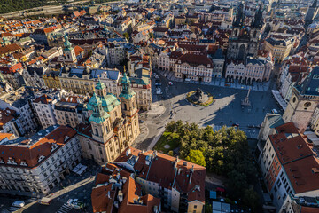 Beautiful Aerial view of Old town Square, the Astronomical Clock, St. Nicholas Church and the Church of Our Lady before Týn in Prague