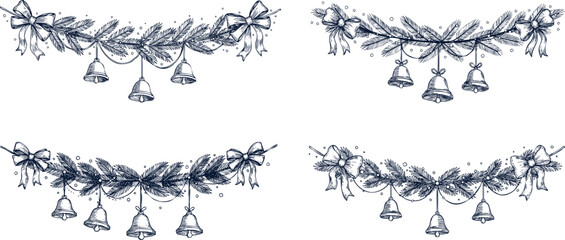Obraz premium Christmas garland with pine branches and bells, isolated on transparent background