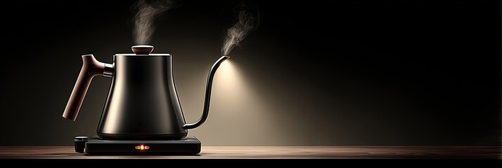 Steaming matte black gooseneck kettle with spotlight on rustic wooden table.