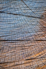 Closeup of weathered wooden surface with cracks.
