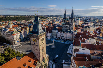 Beautiful Aerial view of Old town Square, the Astronomical Clock, St. Nicholas Church and the Church of Our Lady before Týn in Prague