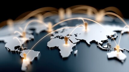 Digital map highlights key global locations with glowing points and lines, showcasing international connections and movements