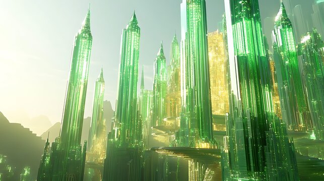 Majestic emerald city skyline with tall green crystal skyscrapers under a bright sky
