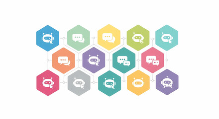 Naklejka premium AI Chatbot Communication Network. Interconnected hexagonal icons represent digital messaging, interactive dialogue, and information flow within a modern technological concept
