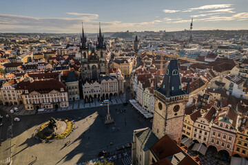 Beautiful Aerial view of Old town Square, the Astronomical Clock, St. Nicholas Church and the Church of Our Lady before Týn in Prague