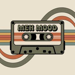 Retro cassette tape with 'meh mood' label and vintage striped background evoking nostalgia and 1980s music vibes for creative projects vector