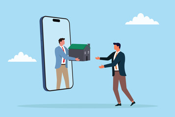 Vector illustration of a businessman handing a house to another businessman through a mobile phone, representing online real estate deals, digital property transfers, and virtual business
