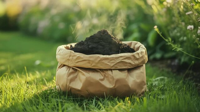 Brown Paper Bag of Biochar on Green Grass with Natural Lighting