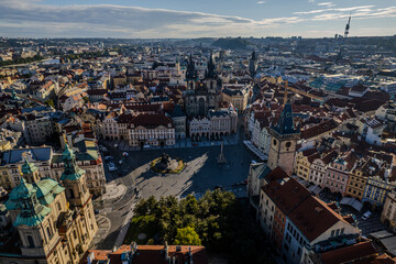 Beautiful Aerial view of Old town Square, the Astronomical Clock, St. Nicholas Church and the Church of Our Lady before Týn in Prague