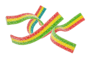 Multiple vibrant rainbow sour candy belts, thick and chewy, coated in sparkling sugar, frozen mid-air in playful shapes against a transparent background with copy space, appetizing candy concept.