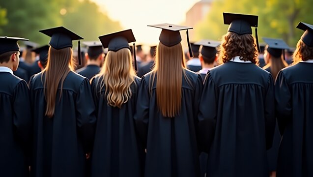 Graduates in Caps and Gowns Stand Outdoors at Sunset