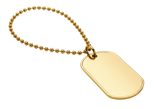 Isolated gold dog tag with chain necklace, blank surface for customization, mockup design