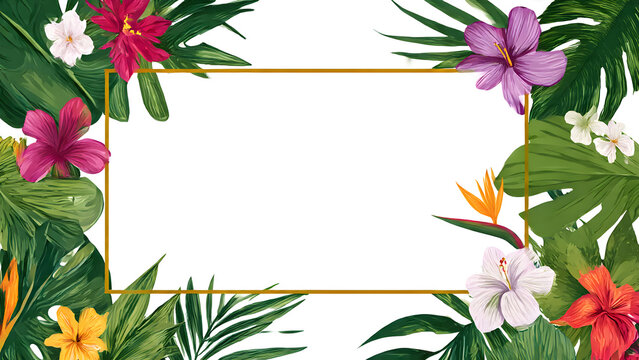 Tropical flower frames. Botanical tropics borders, tropic flowers invitation frame and summer plants green leaves vector. Rainforest exotic wedding party frames. Vector background
