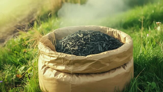 Brown Paper Bag of Biochar on Green Grass with Natural Lighting