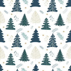 A pattern of stylized Christmas trees and stars that is suitable for backgrounds, fabrics, wrapping paper, or winter-themed interior decoration.
