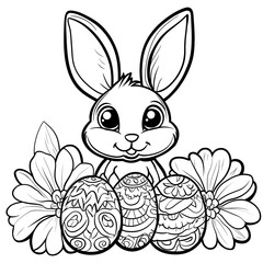 Cute easter bunny with decorated eggs and flowers for coloring book page