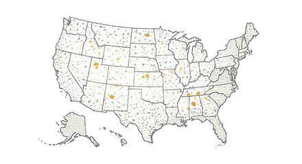 Obraz premium USA map with interconnected dots for business analytics, geographic data visualization, and network analysis in a modern, professional style