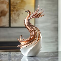 Elegant abstract sculpture of a stylized phoenix bird with flowing metallic wings