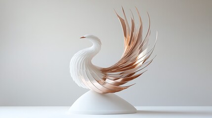 Elegant white bird sculpture with flowing metallic rose gold feathers on a pedestal
