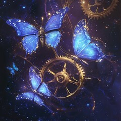 Enchanting blue butterflies flutter among antique golden gears and cosmic stardust