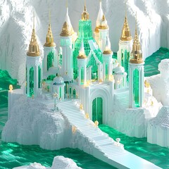 Enchanting fantasy ice castle illuminated with magical green light on a snowy landscape