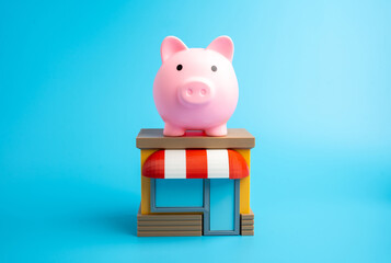 Shop and piggy bank. Discounts and loyalty programs, bonus points and coupons. Concept of customer savings, retail marketing, and consumer behavior. E-commerce, advertising, financial education topics