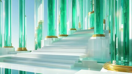 Grand staircase in a majestic emerald palace with tall green columns and golden accents