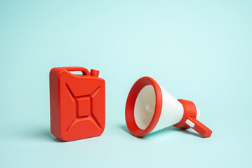 A gasoline canister and a megaphone. Gasoline sales restrictions. New fuel standards. Energy crisis, environmental regulations, and public protest. Ecology, energy, and transport