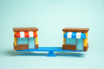 Comparison of two businesses. Compare stores and brands. Competing retail chains. Market competition, business strategy, and consumer choice. Marketing and analytics themes.