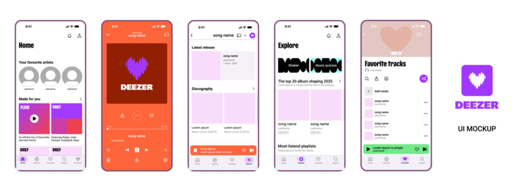 Deezer UI Mockup Template in iPhone&ndash; Music App Design with Player, Explore and Favorites Screens
Deezer App Interface and Mobile Music Player Mockup for UX/UI Presentation. 