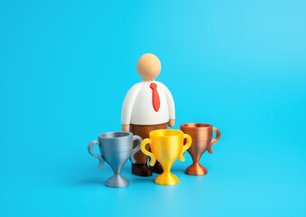 Office worker with many awards. Recognition of achievements and merits. Highly qualified employee. Success, professional growth, and reward system. Career, business, and leadership content.