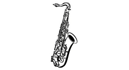 Black and white illustration of a saxophone, a musical wind instrument.