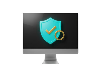 Isolated desktop computer display with security shield and checkmark, symbol of protection