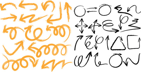 Grunge arrow set in yellow and black. Rough industrial paint texture arrows for street art, caution, navigation, and creative design