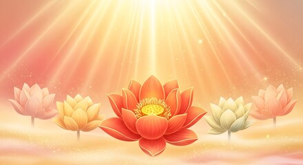 Beautiful, serene composition of glowing lotus flowers with sun rays beaming down from above. Concept of peace, spirituality, and meditation. Magical, ethereal light radiating warmth and calm
