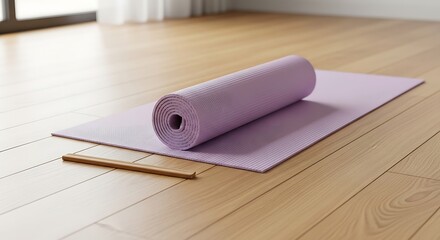 Serene Yoga Studio Featuring Rolled Lilac Mat and Wooden Floorboards Ready for Meditation