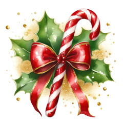Watercolor christmas red and white candy cane, with a red ribbon. The candy cane is decorated with golden glitter and holly isolated on a white background. 