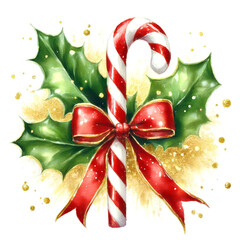 Watercolor christmas red and white candy cane, with a red ribbon. The candy cane is decorated with golden glitter and holly isolated on a white background. Perfect illustration for winter designs