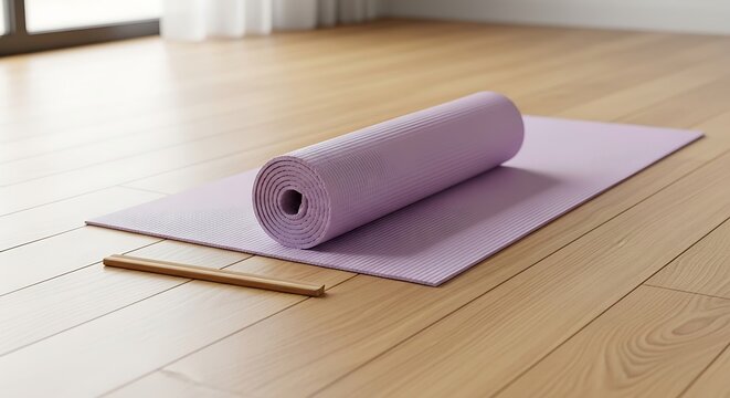 Serene Yoga Studio Featuring Rolled Lilac Mat and Wooden Floorboards Ready for Meditation