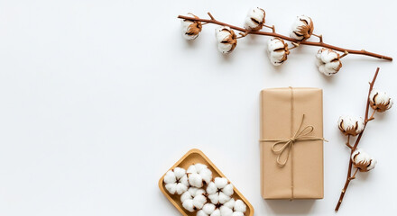 Overhead shot of a gift wrapped in brown paper with cotton branches on a white background